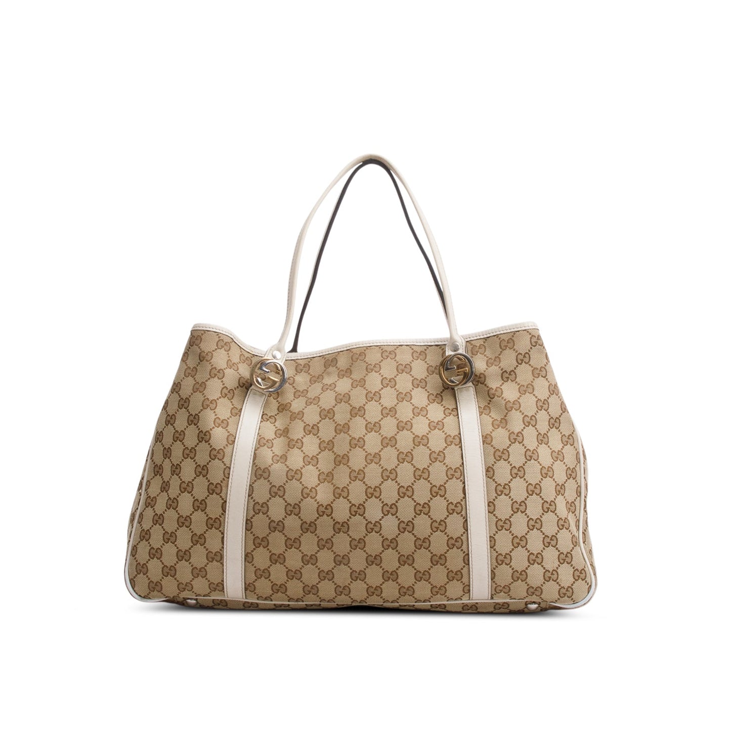 Gucci White Leather Trim GG Canvas Large Twin Tote