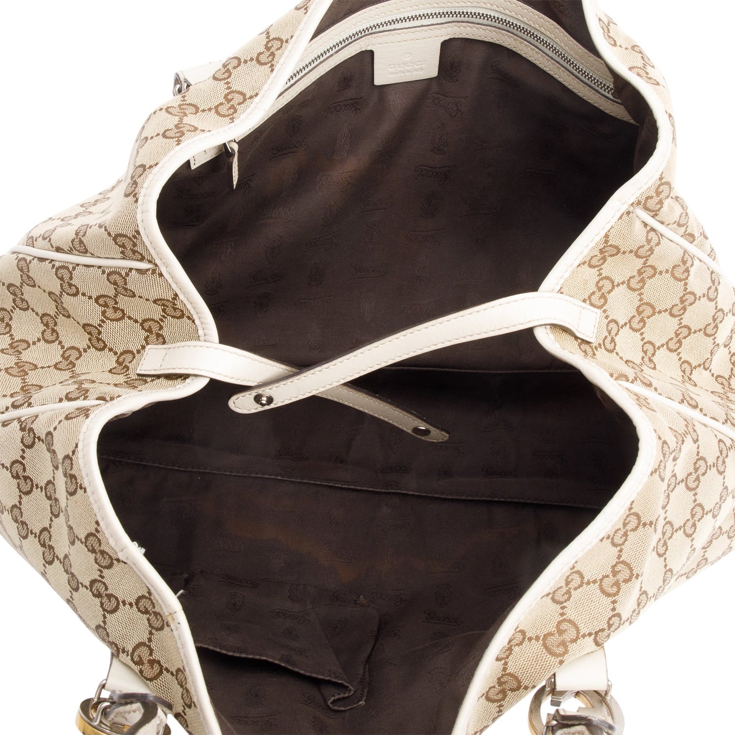 Gucci White Leather Trim GG Canvas Large Twin Tote