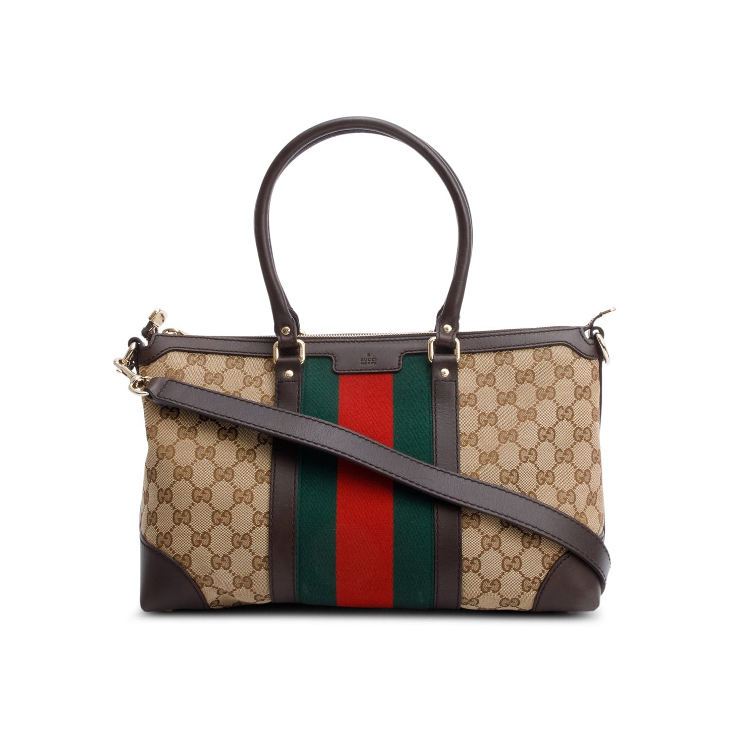 Gucci Brown Leather Trim GG Canvas Medium Vintage Web Top Handle Bag
