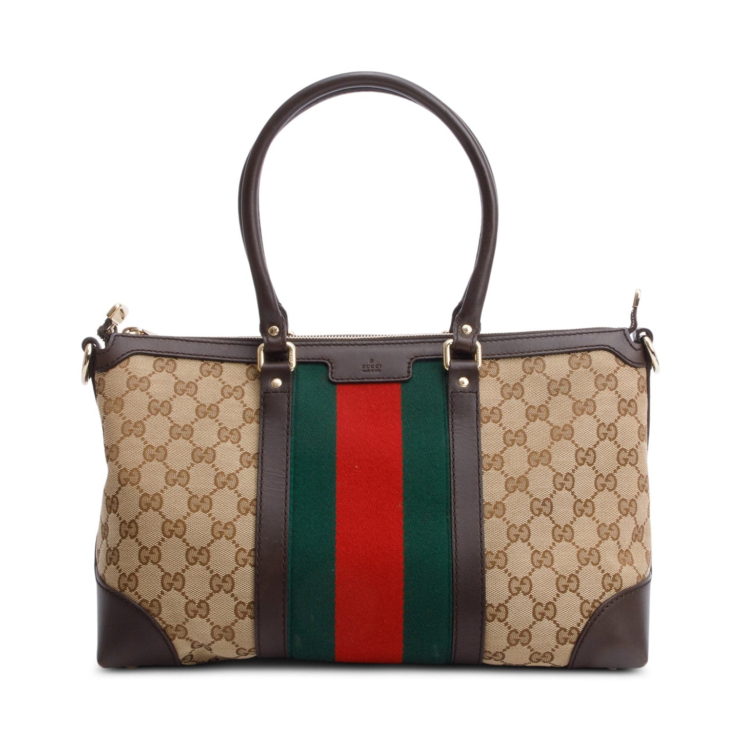 Gucci Brown Leather Trim GG Canvas Medium Vintage Web Top Handle Bag
