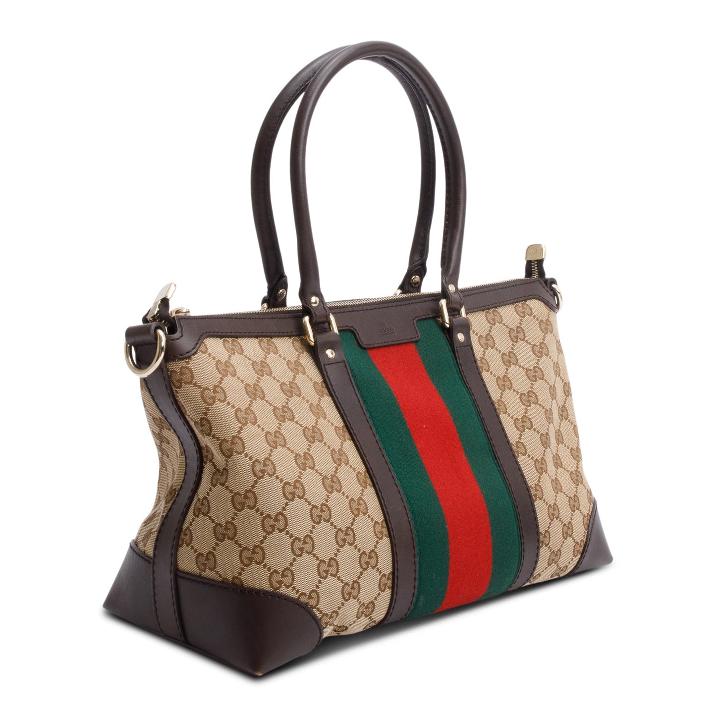 Gucci Brown Leather Trim GG Canvas Medium Vintage Web Top Handle Bag