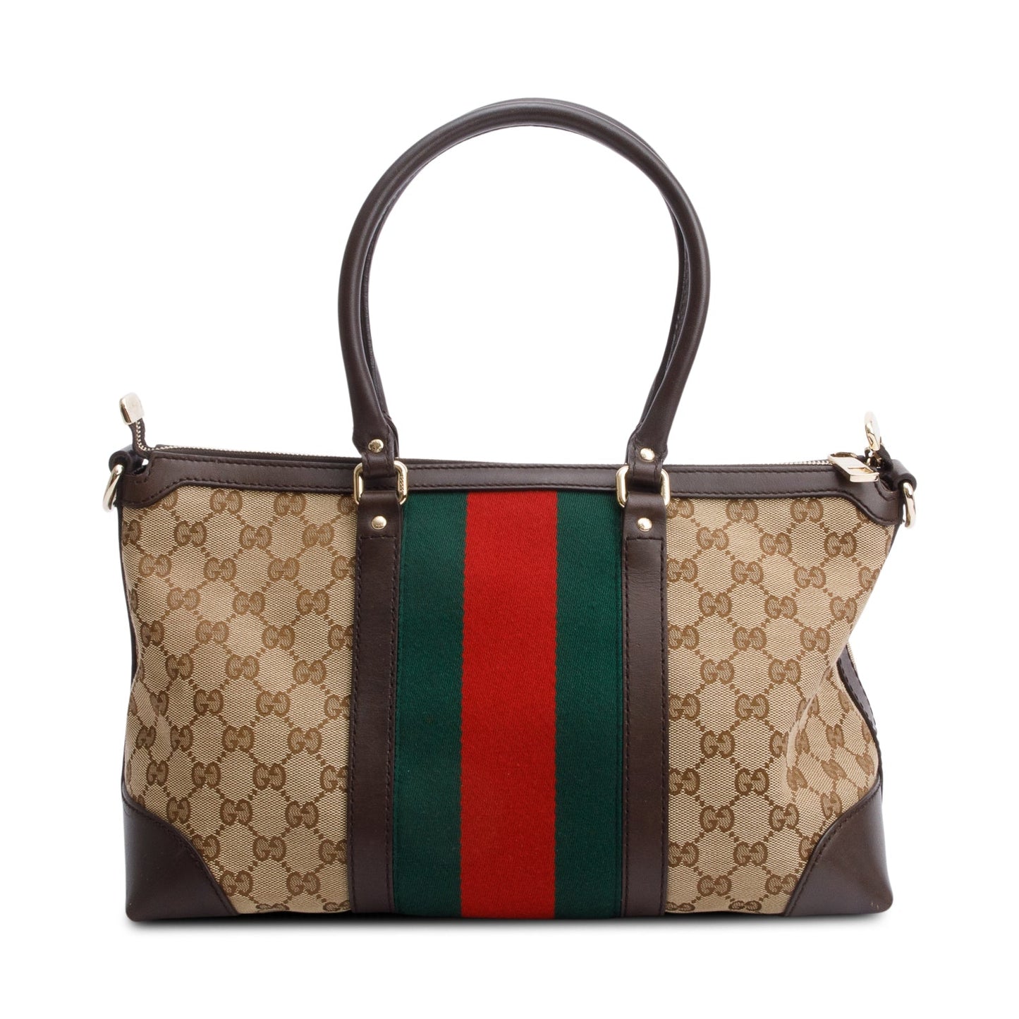 Gucci Brown Leather Trim GG Canvas Medium Vintage Web Top Handle Bag