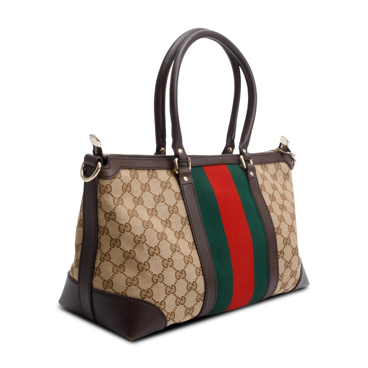 Gucci Brown Leather Trim GG Canvas Medium Vintage Web Top Handle Bag