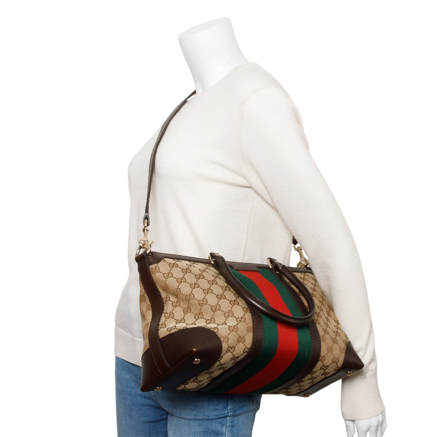 Gucci Brown Leather Trim GG Canvas Medium Vintage Web Top Handle Bag
