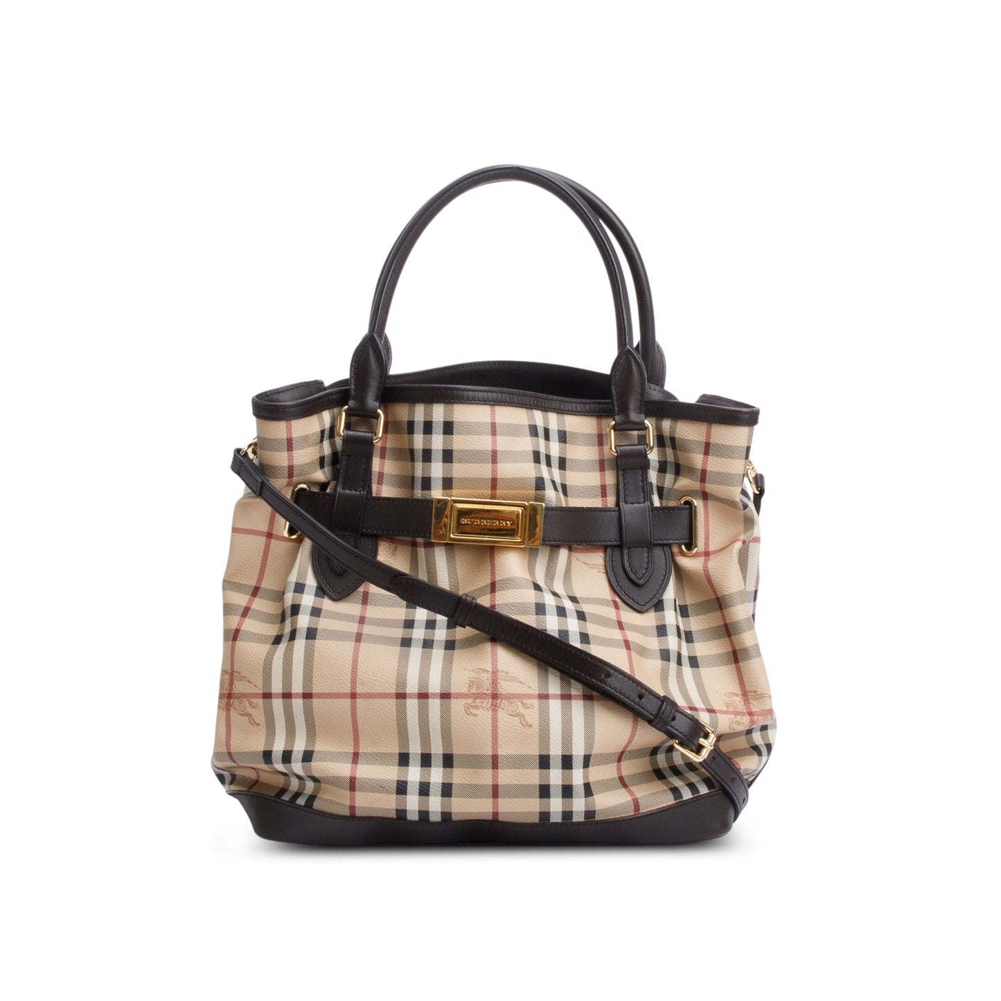 Burberry House Check Brown Leather Trim Medium Golderton Tote