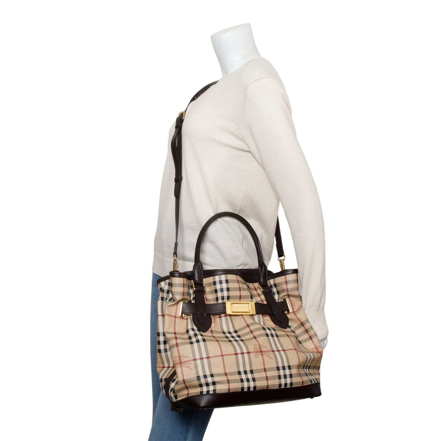 Burberry House Check Brown Leather Trim Medium Golderton Tote