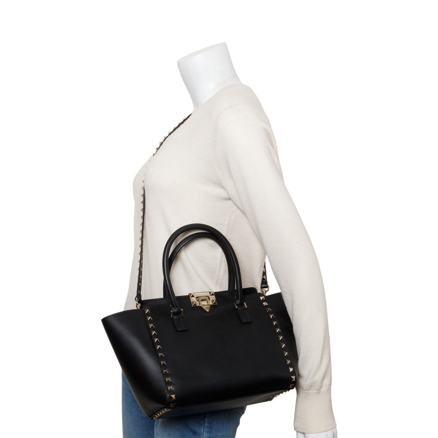 Valentino Black Calfskin Leather Small Rockstud Tote Bag