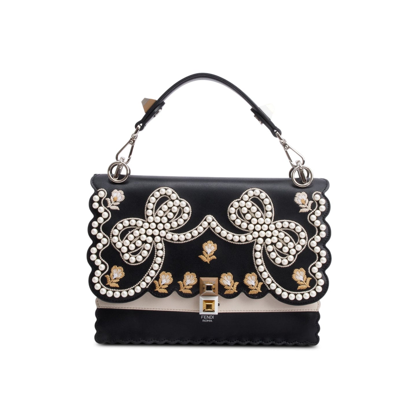 Fendi Black Calfskin Leather Faux Pearl Medium Kan I Scallop Handle Bag