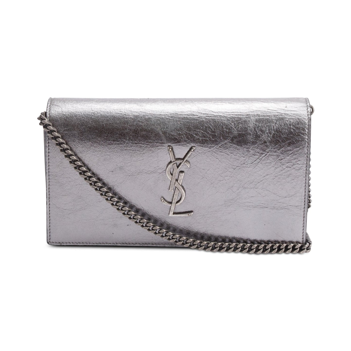 Saint Laurent Grey Aged Calfskin Leather Cassandre Wallet on Chain
