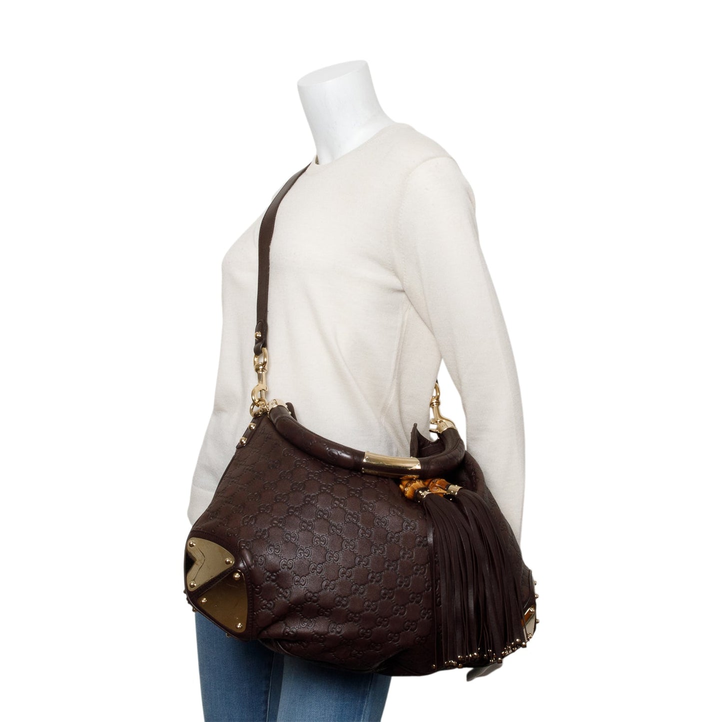 Gucci Brown Guccissima Leather Large  Bamboo Indy Tassel Hobo