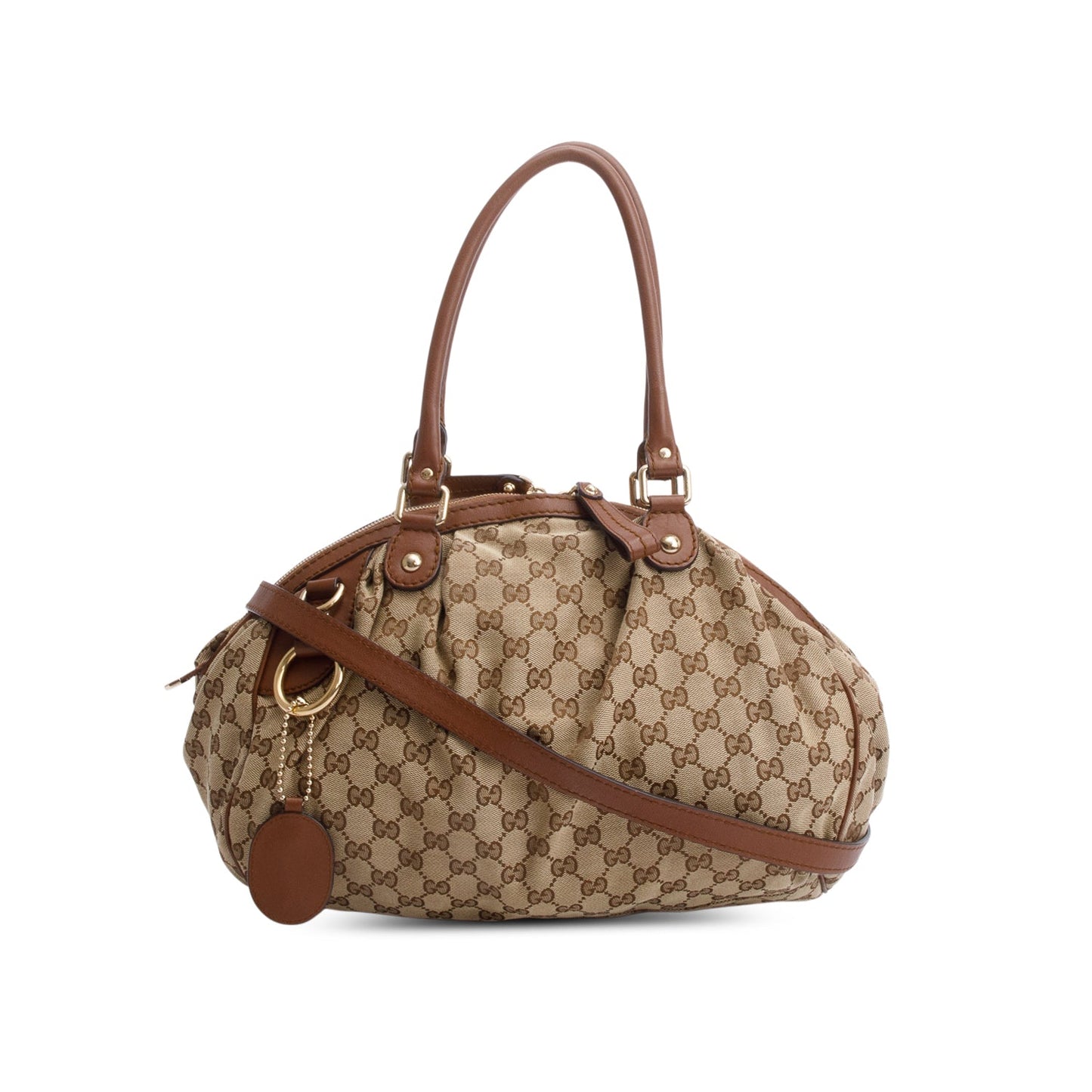 Gucci Beige GG Canvas Brown Leather Trim Medium Sukey Boston Bag
