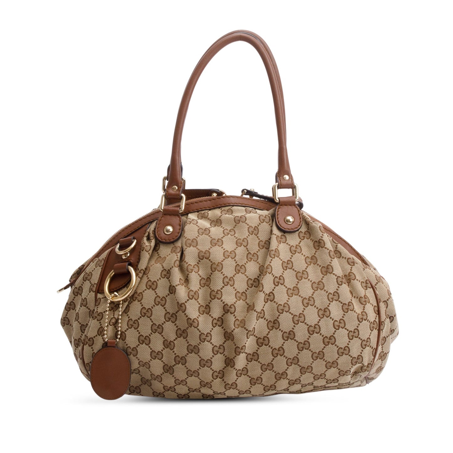 Gucci Beige GG Canvas Brown Leather Trim Medium Sukey Boston Bag