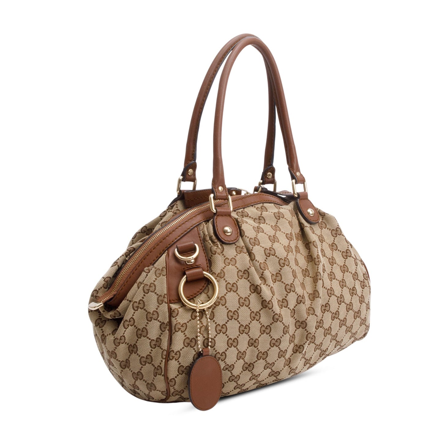 Gucci Beige GG Canvas Brown Leather Trim Medium Sukey Boston Bag