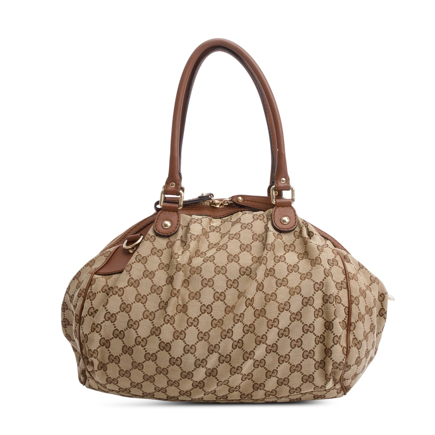 Gucci Beige GG Canvas Brown Leather Trim Medium Sukey Boston Bag