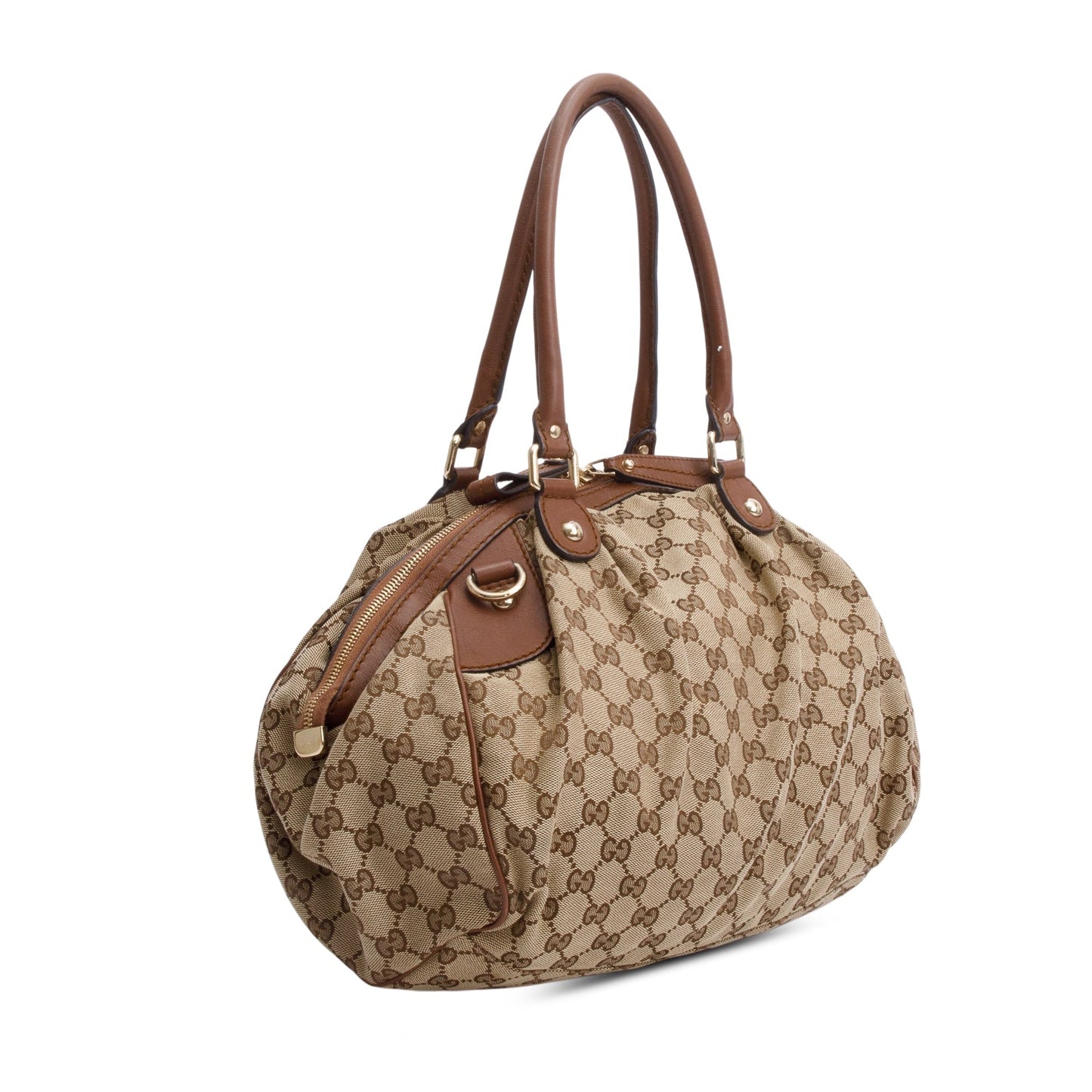 Gucci Beige GG Canvas Brown Leather Trim Medium Sukey Boston Bag
