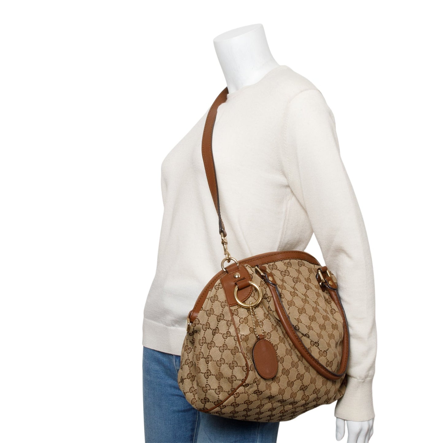 Gucci Beige GG Canvas Brown Leather Trim Medium Sukey Boston Bag