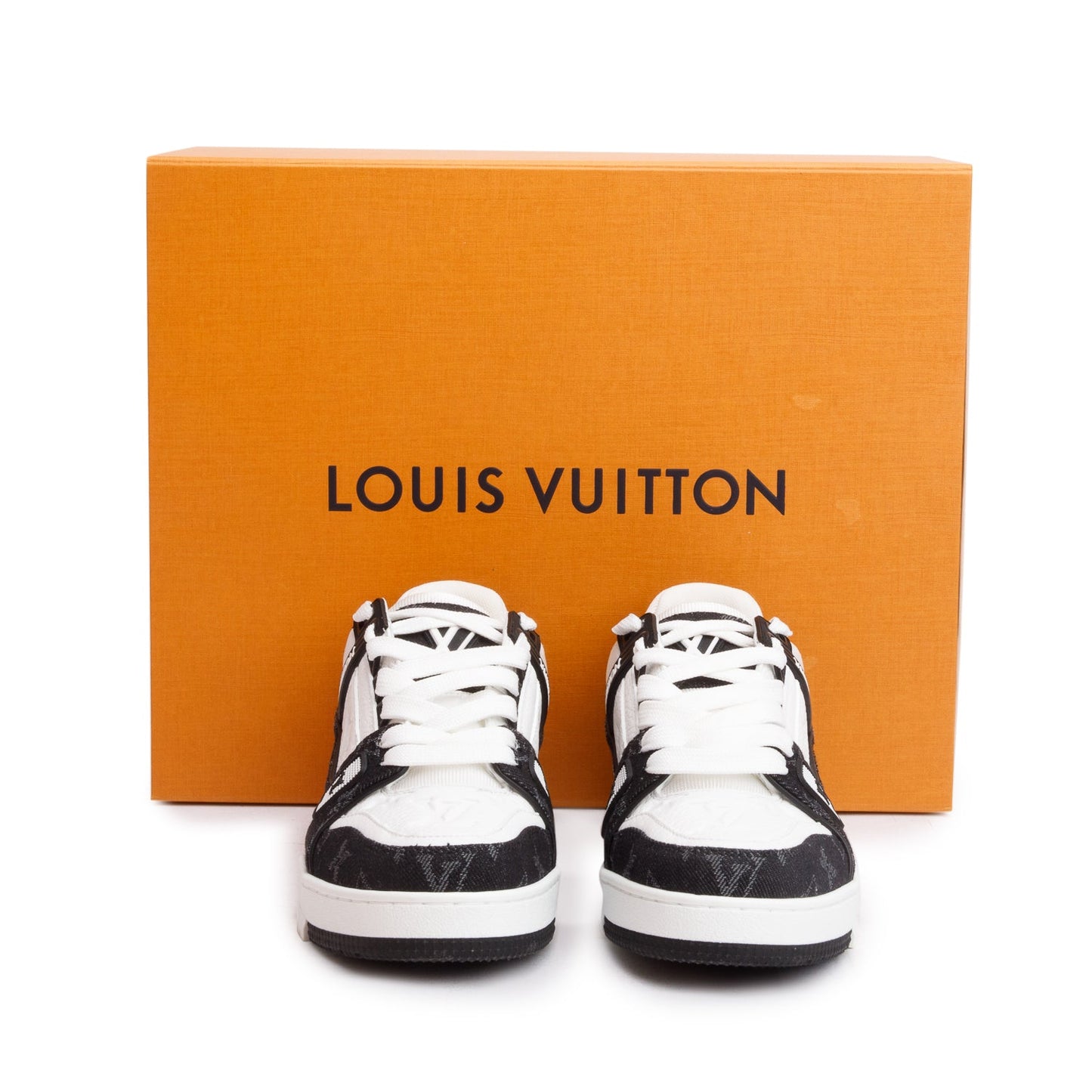 Louis Vuitton 2024 Black Monogram Denim White Embossed Calfskin Leather Trainer Sneakers, Size 37