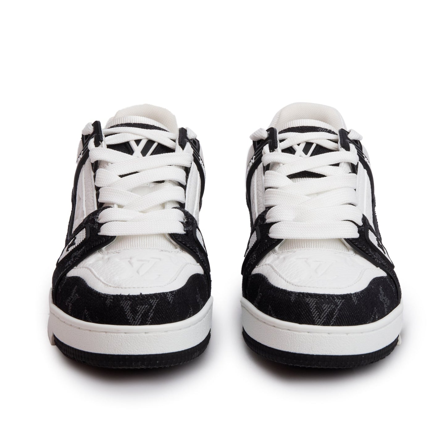 Louis Vuitton 2024 Black Monogram Denim White Embossed Calfskin Leather Trainer Sneakers, Size 37