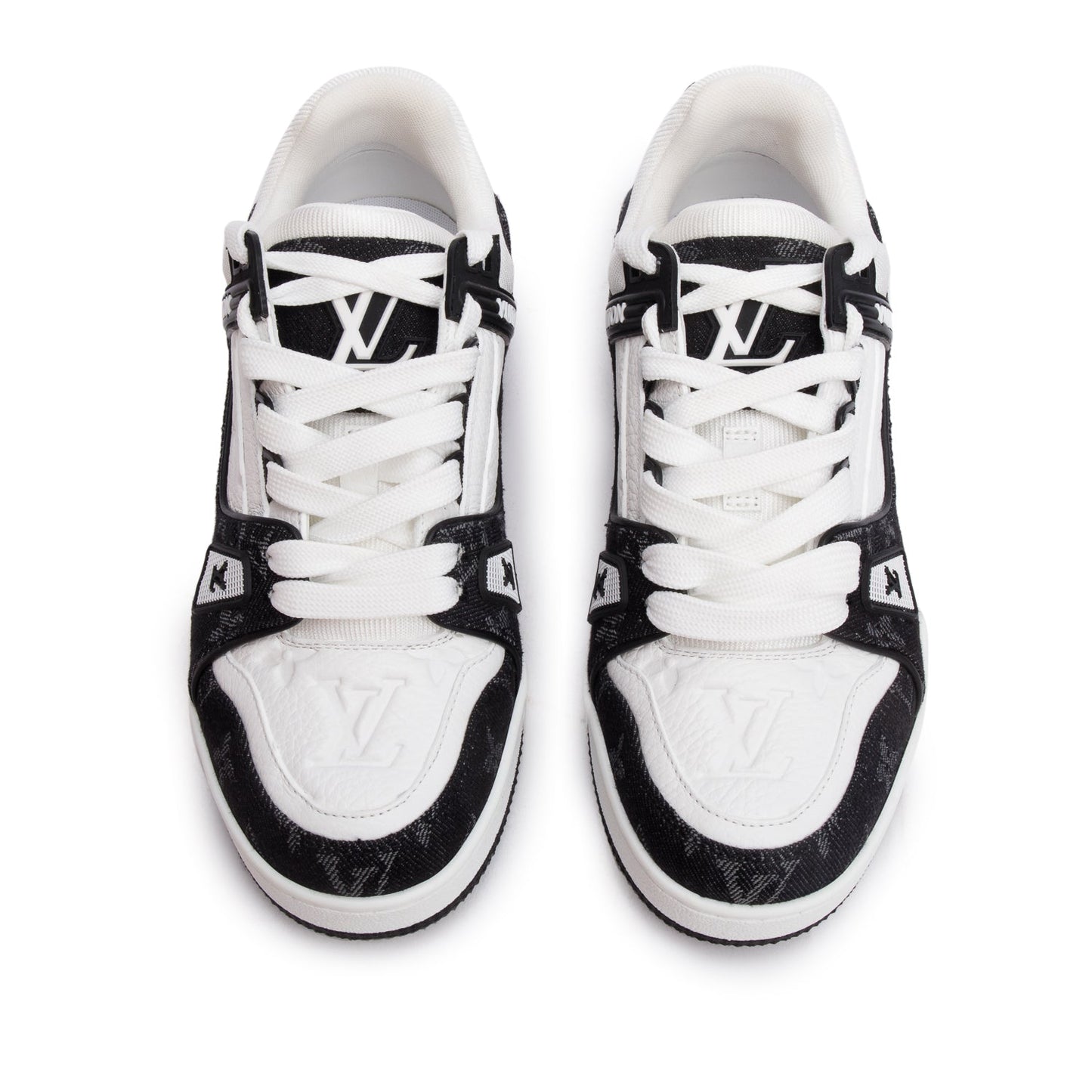 Louis Vuitton 2024 Black Monogram Denim White Embossed Calfskin Leather Trainer Sneakers, Size 37