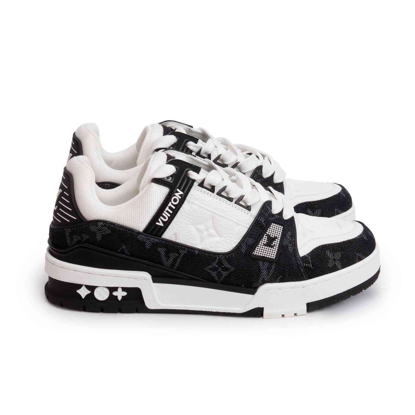 Louis Vuitton 2024 Black Monogram Denim White Embossed Calfskin Leather Trainer Sneakers, Size 37