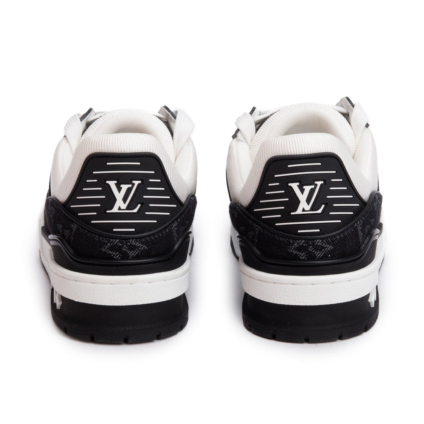 Louis Vuitton 2024 Black Monogram Denim White Embossed Calfskin Leather Trainer Sneakers, Size 37