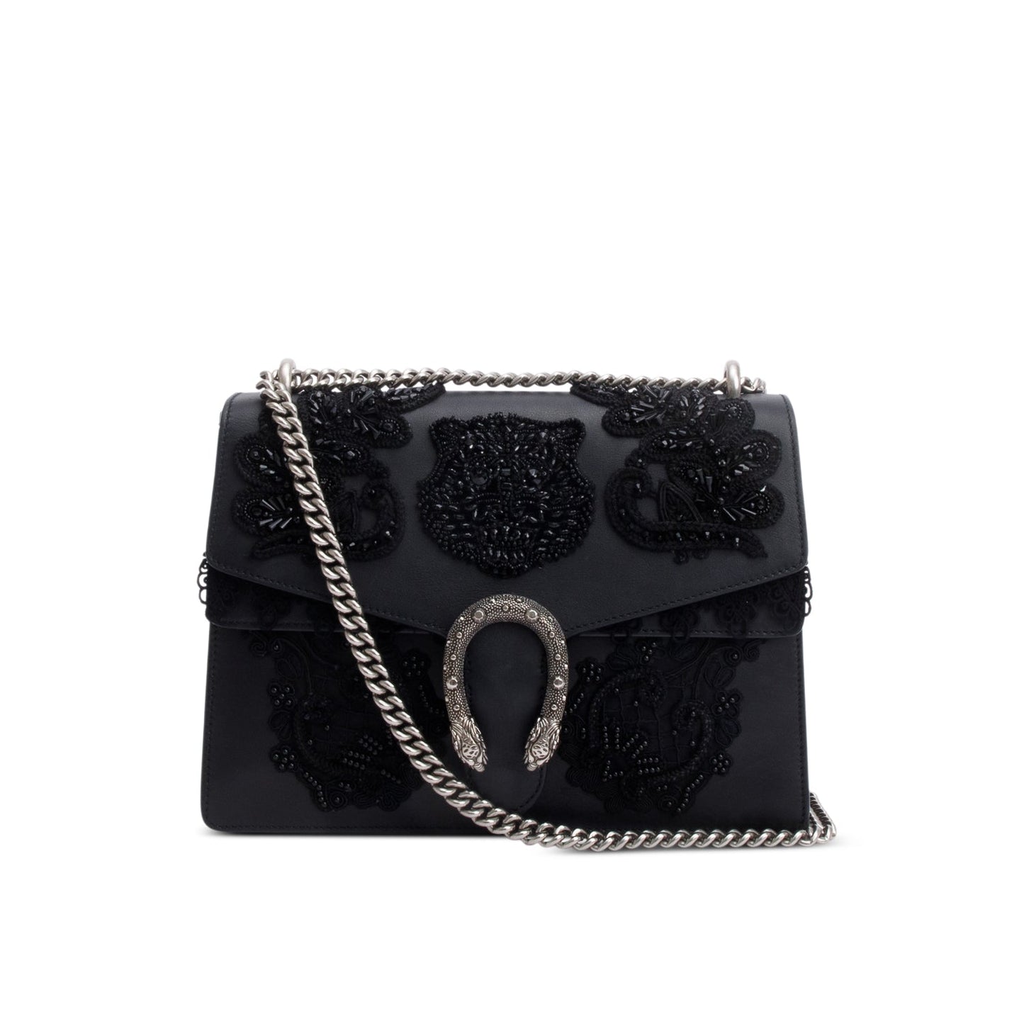 Gucci Black Lace Beaded Embellishment Leather Dionysus Medium Shoulder Bag