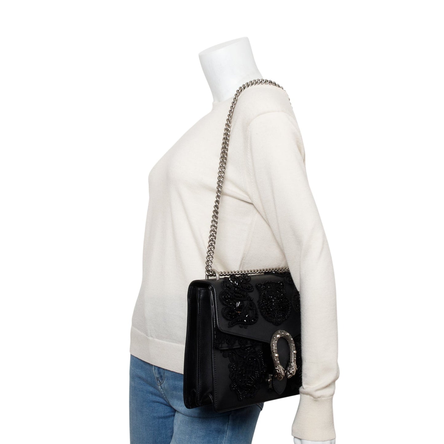 Gucci Black Lace Beaded Embellishment Leather Dionysus Medium Shoulder Bag