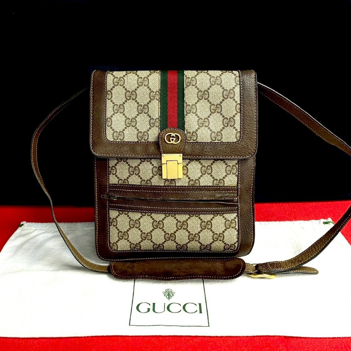 GUCCI Shoulder Bag Leather, PVC Brown GG logo Metal Sherry line Women