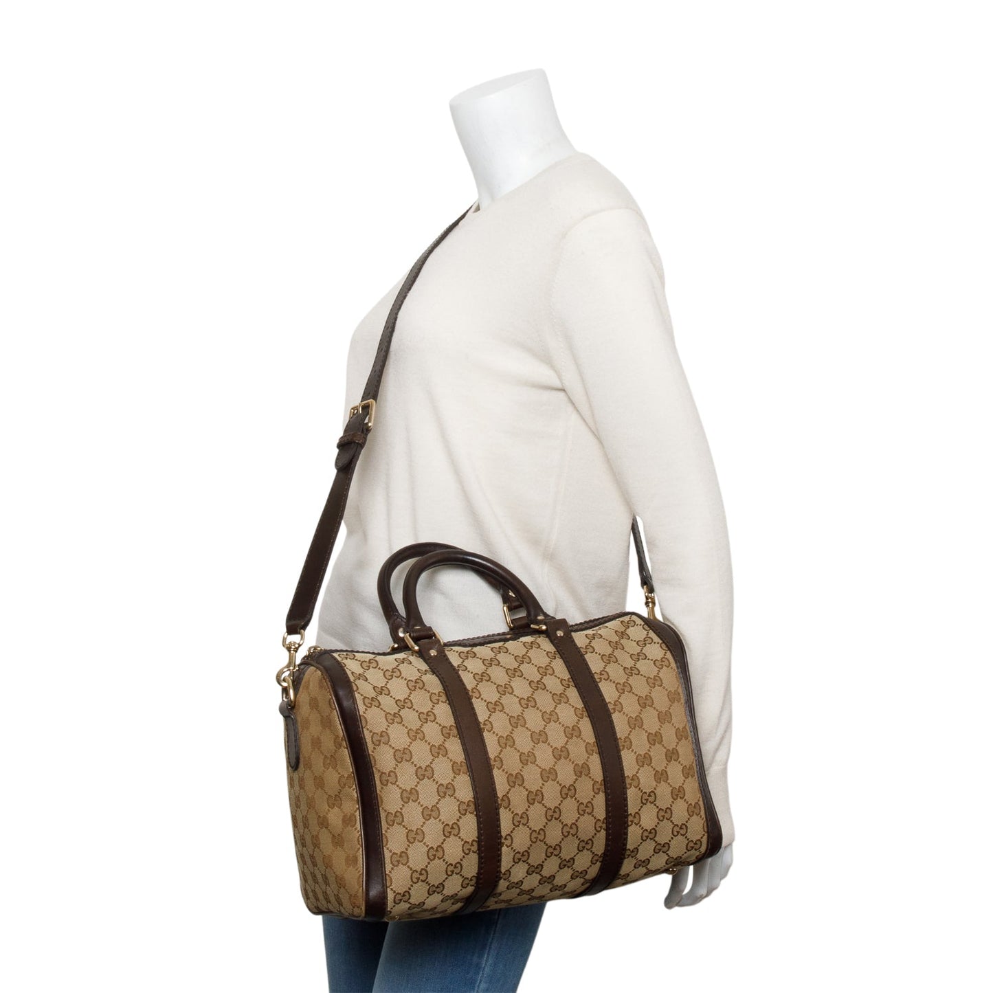 Gucci Beige GG Canvas Brown Leather Trim Joy Boston Bag