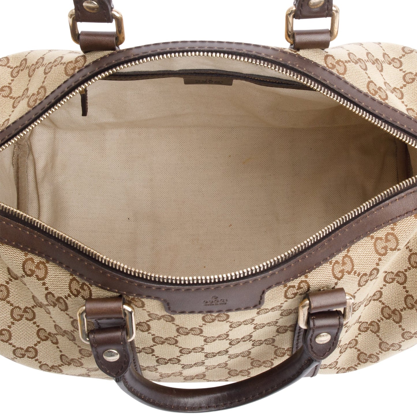 Gucci Beige GG Canvas Brown Leather Trim Joy Boston Bag