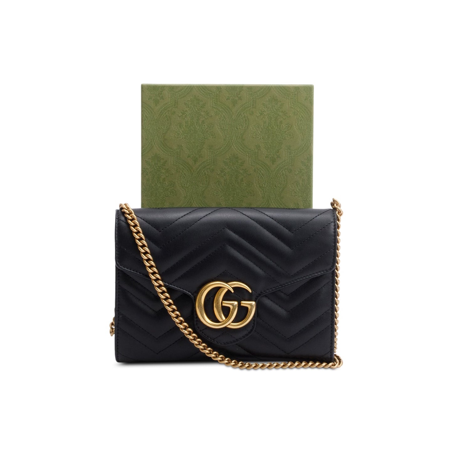 Gucci Black Calfskin Matelasse Leather GG Marmont Chain Wallet