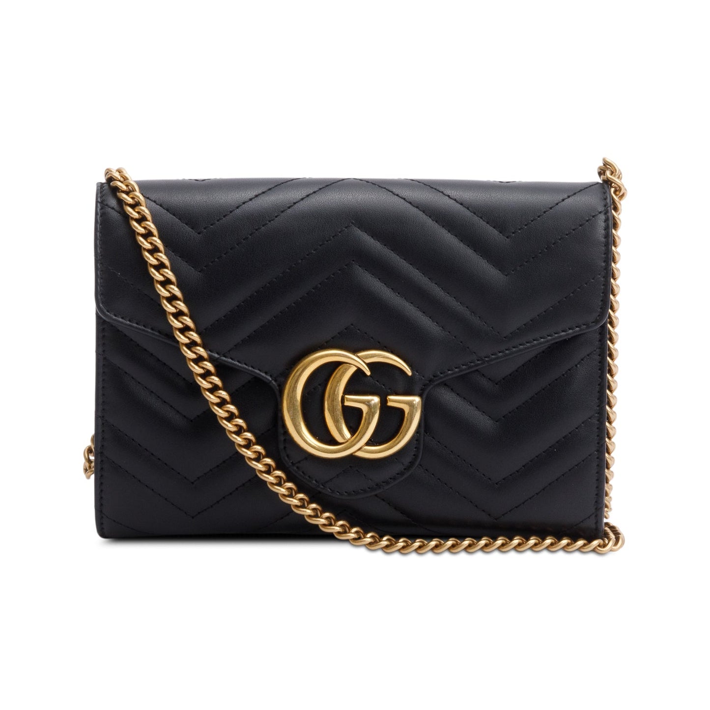Gucci Black Calfskin Matelasse Leather GG Marmont Chain Wallet