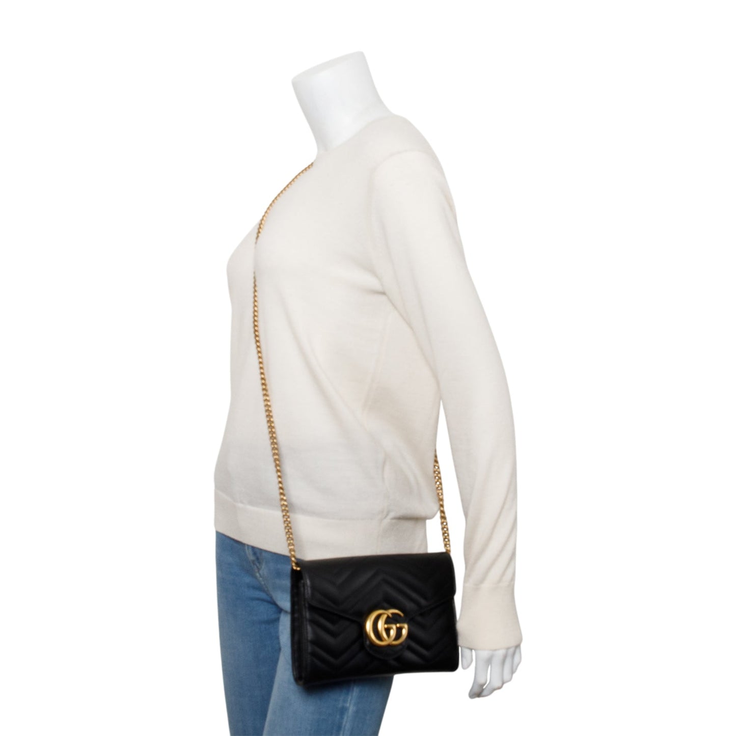 Gucci Black Calfskin Matelasse Leather GG Marmont Chain Wallet