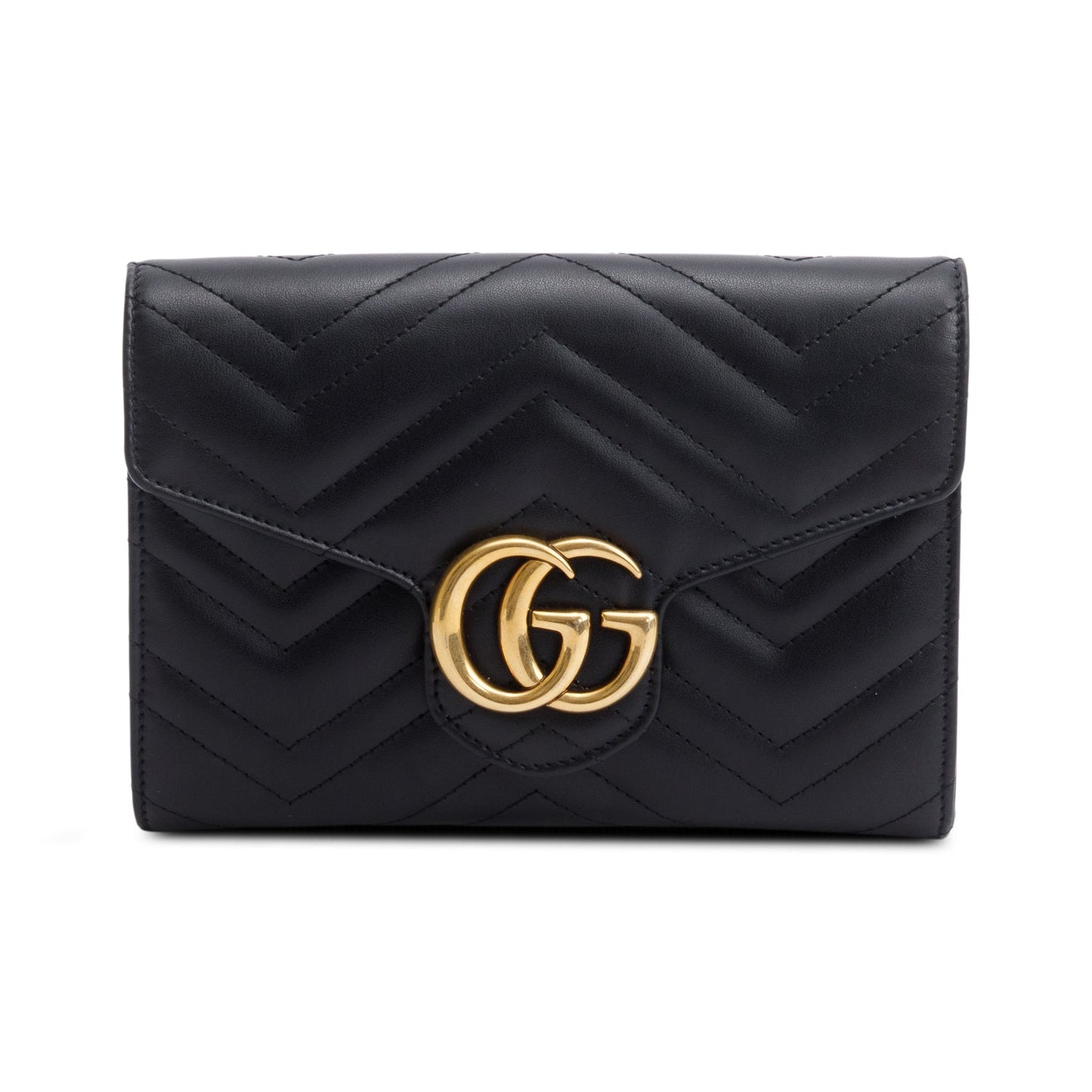 Gucci Black Calfskin Matelasse Leather GG Marmont Chain Wallet