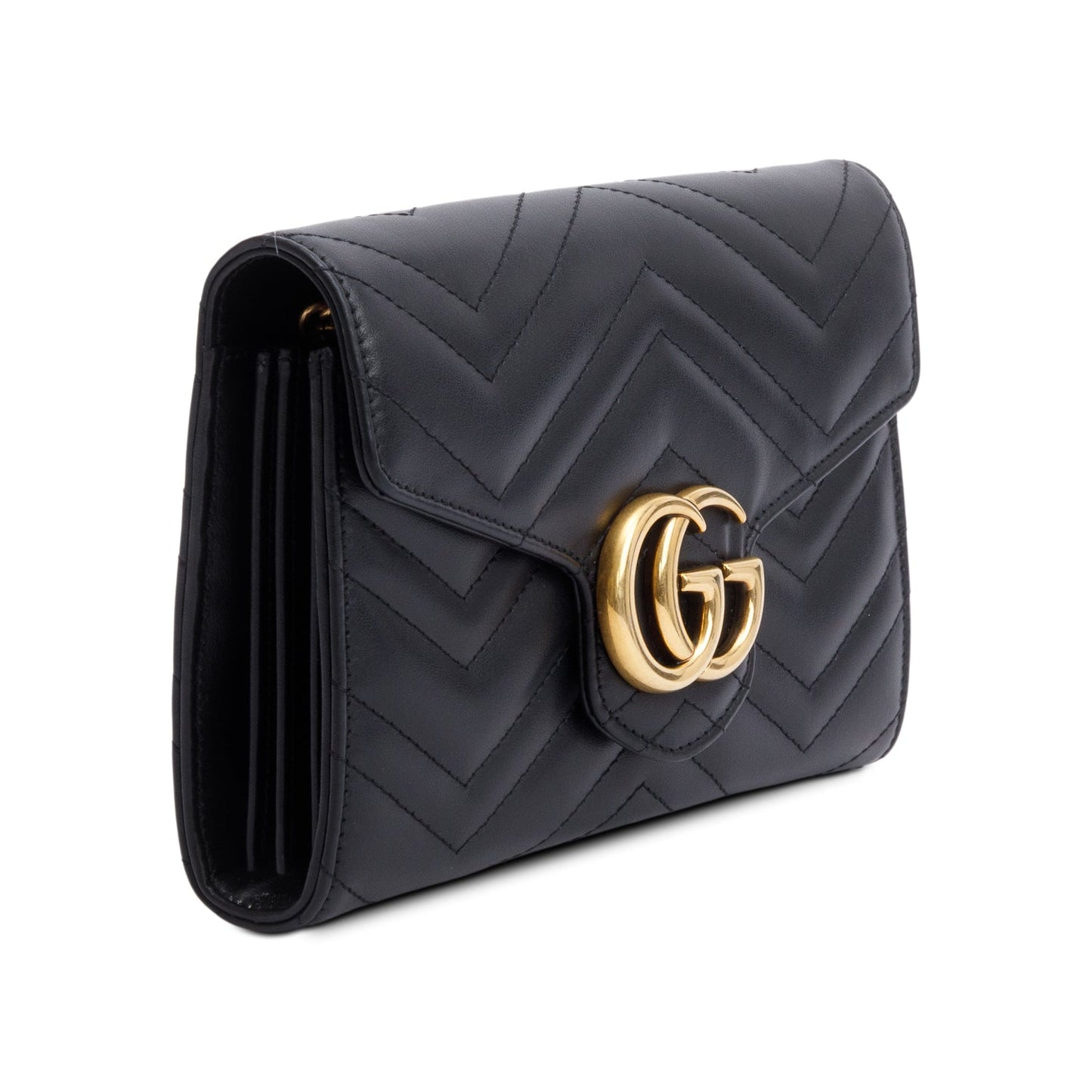 Gucci Black Calfskin Matelasse Leather GG Marmont Chain Wallet