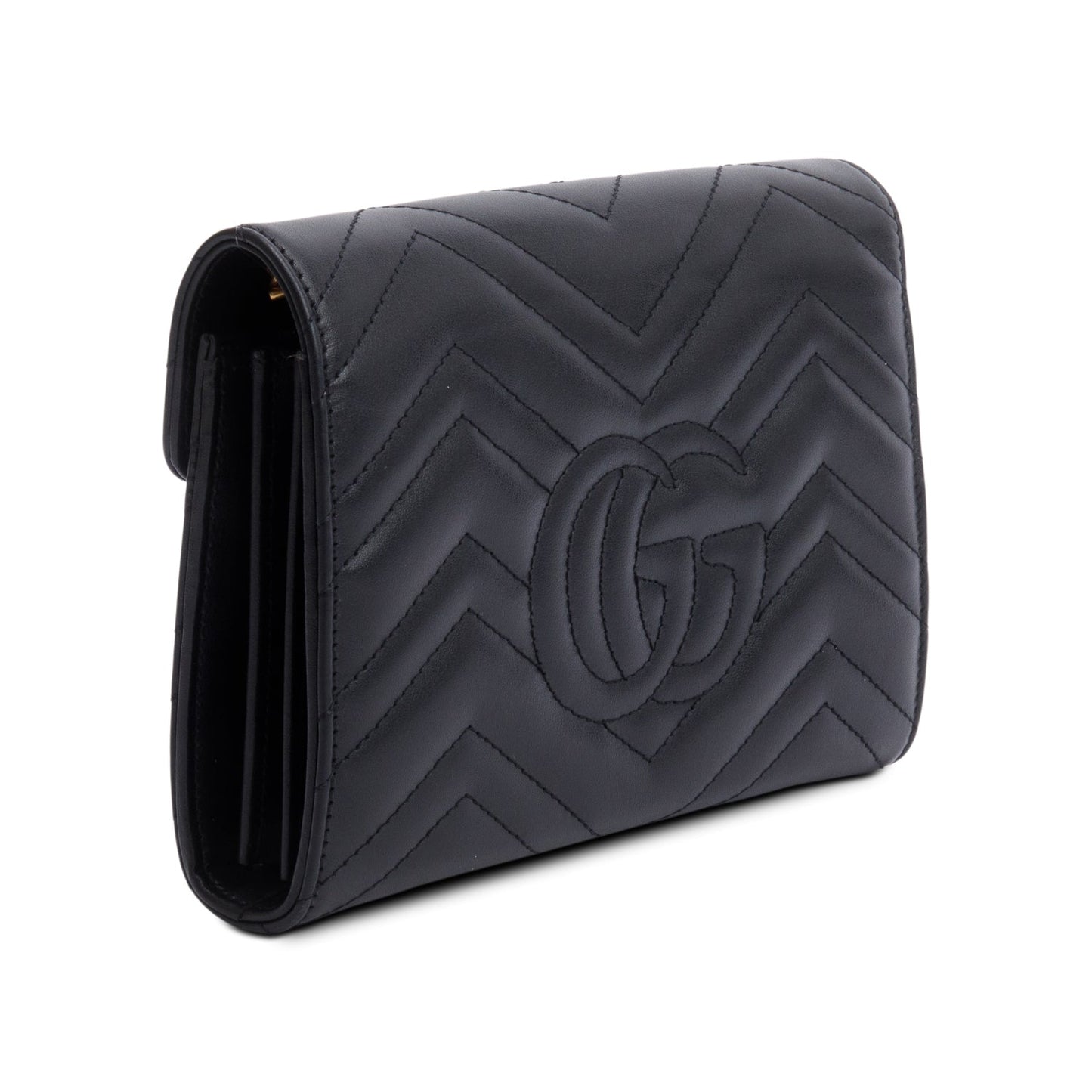 Gucci Black Calfskin Matelasse Leather GG Marmont Chain Wallet