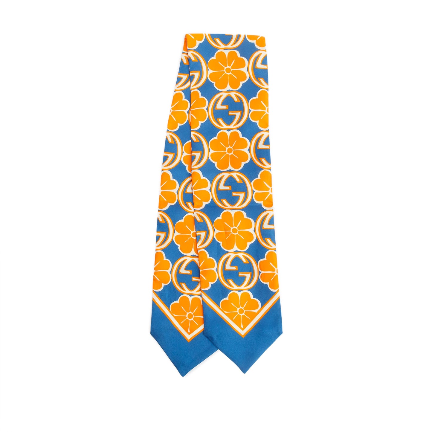 Gucci Blue/Orange GG Flower Silk Foily Skinny Scarf