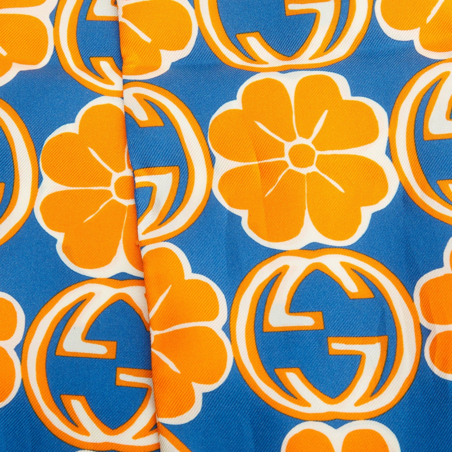 Gucci Blue/Orange GG Flower Silk Foily Skinny Scarf
