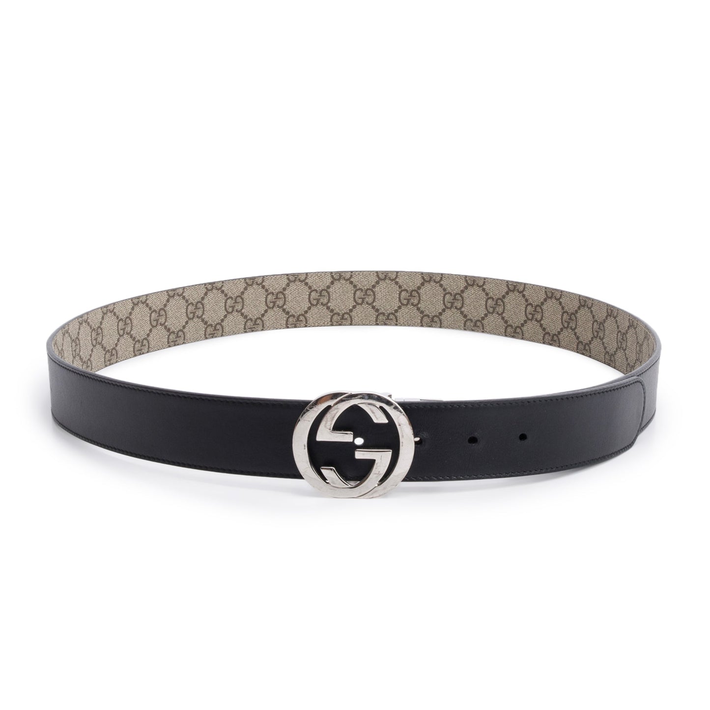 Gucci GG Supreme Canvas Black Calfskin Leather Interlocking G Reversible Belt 110 44