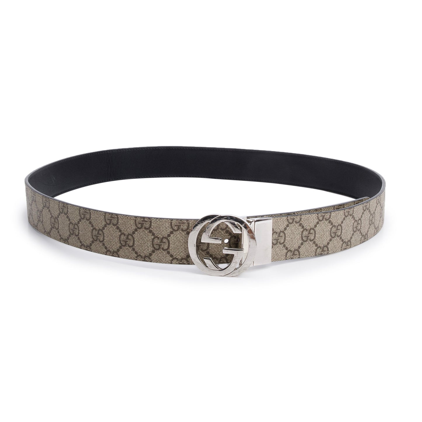 Gucci GG Supreme Canvas Black Calfskin Leather Interlocking G Reversible Belt 110 44
