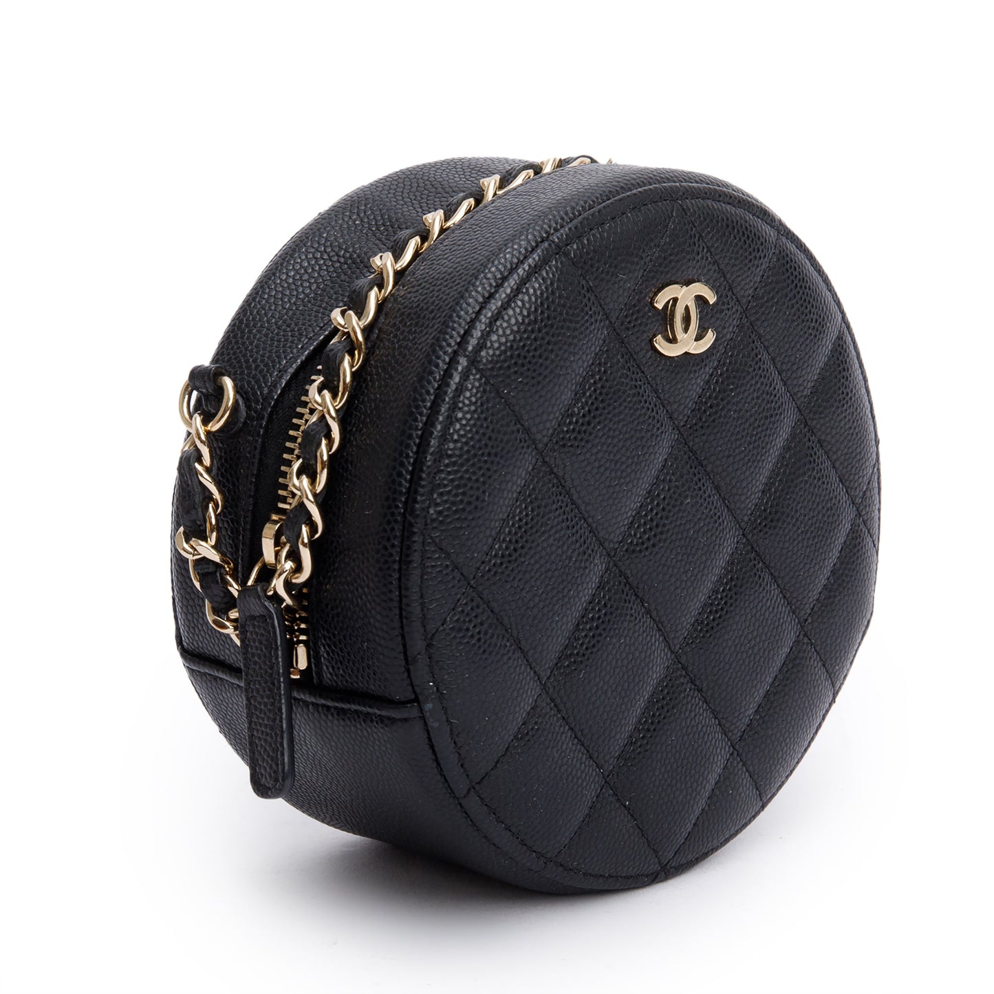 Chanel Black Caviar Leather Round Clutch with Chain