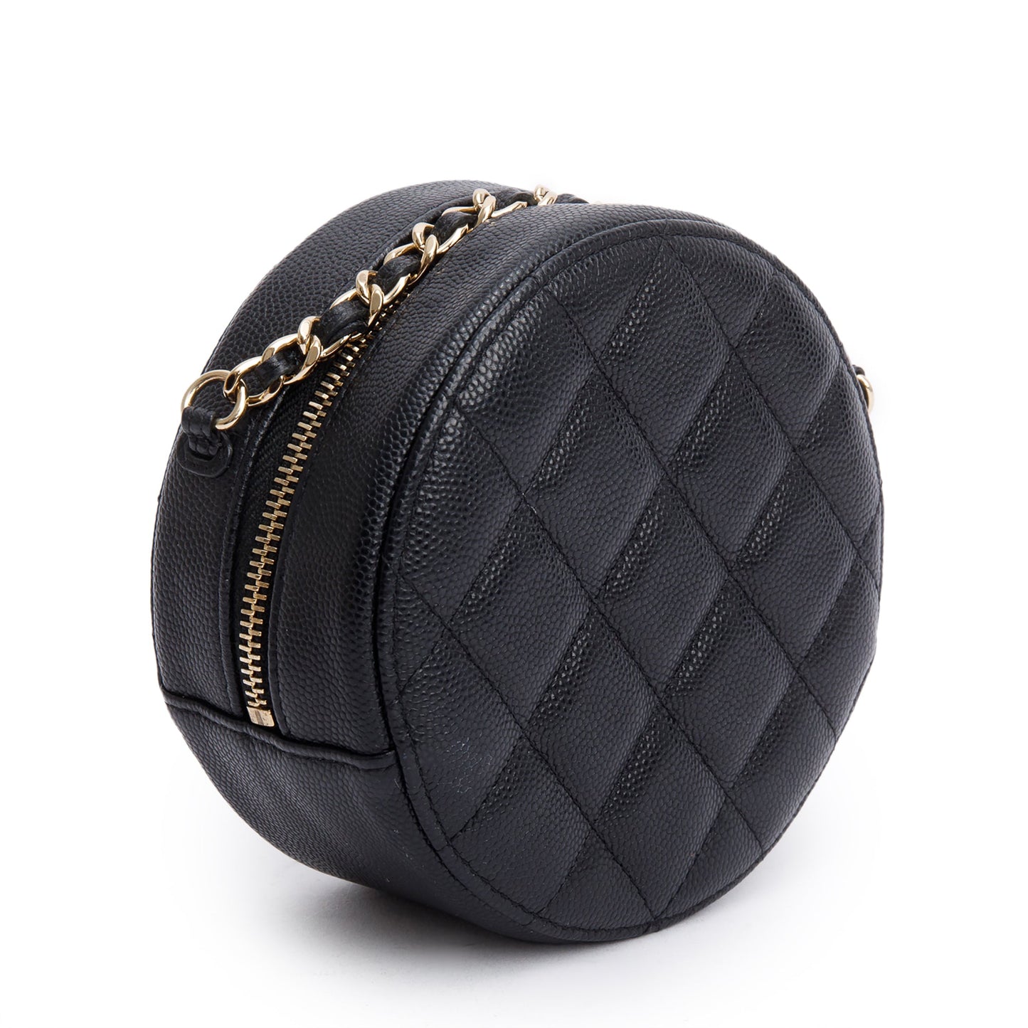 Chanel Black Caviar Leather Round Clutch with Chain