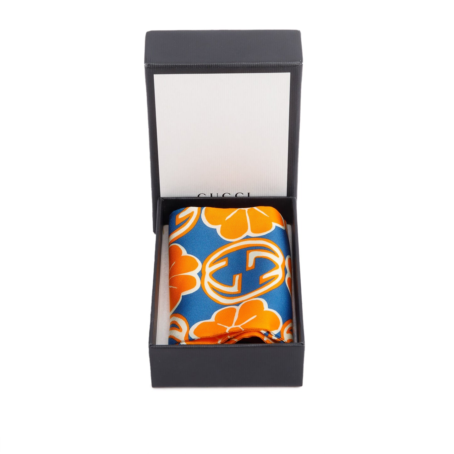 Gucci Blue/Orange GG Flower Silk Foily Skinny Scarf