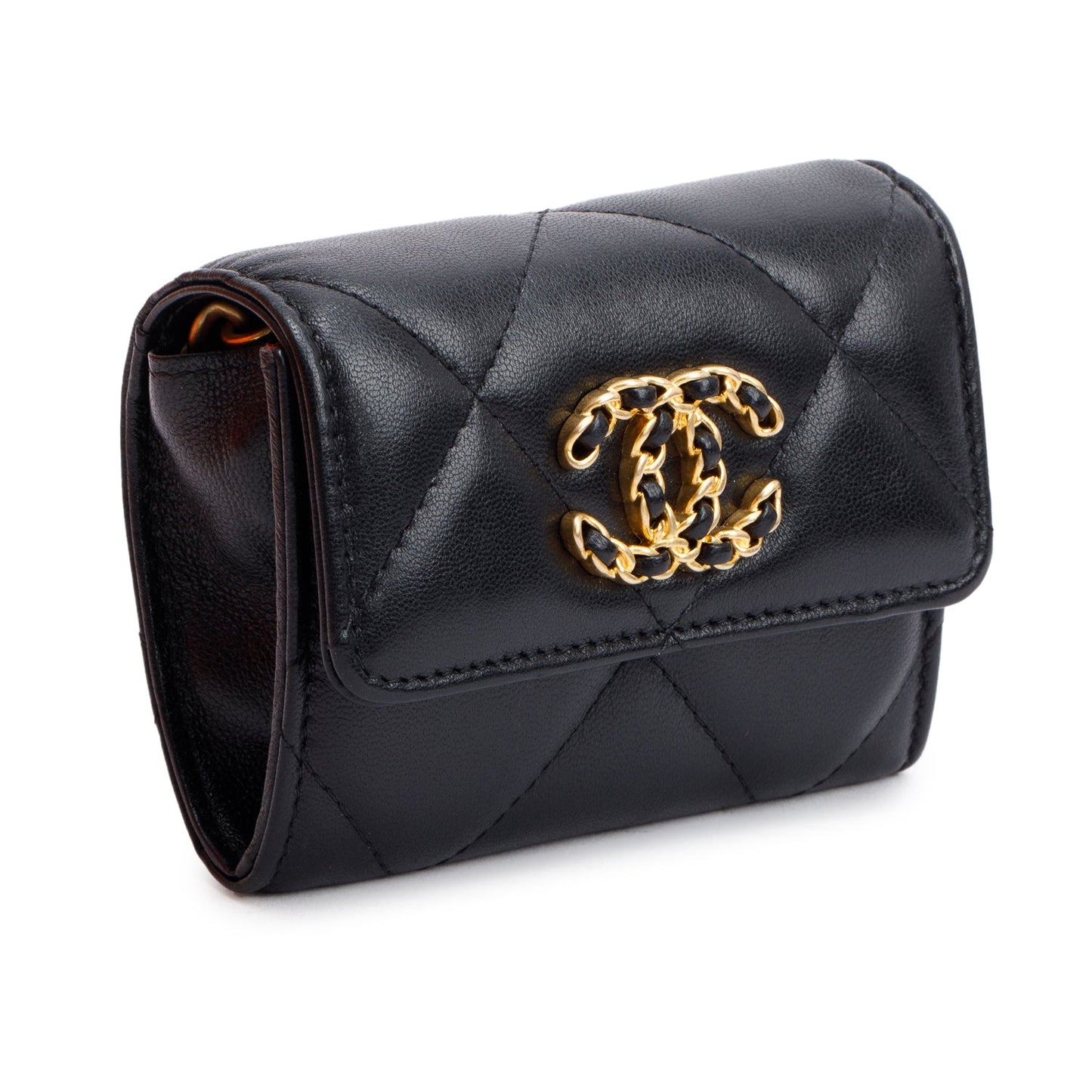 Chanel 2021 Black Lambskin Leather 19 Flap Coin Purse with Chain