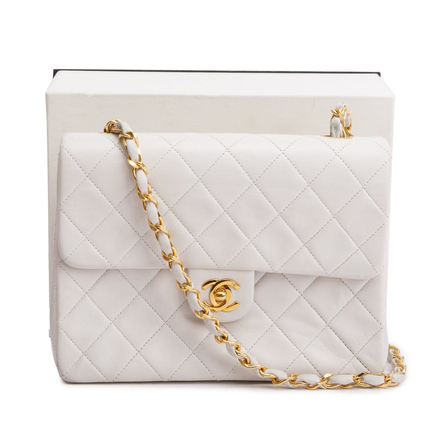 Chanel Vintage White Quilted Lambskin Leather Small Square Single Flap Bag