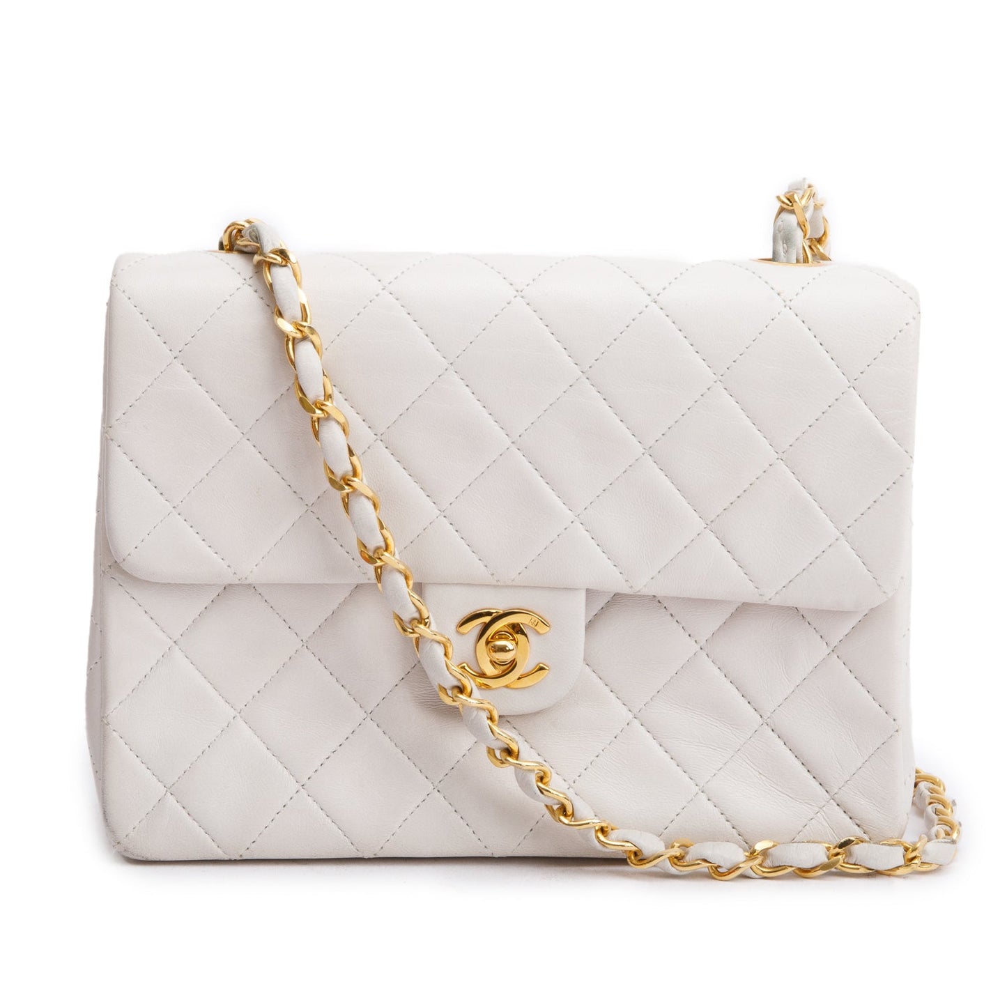 Chanel Vintage White Quilted Lambskin Leather Small Square Single Flap Bag