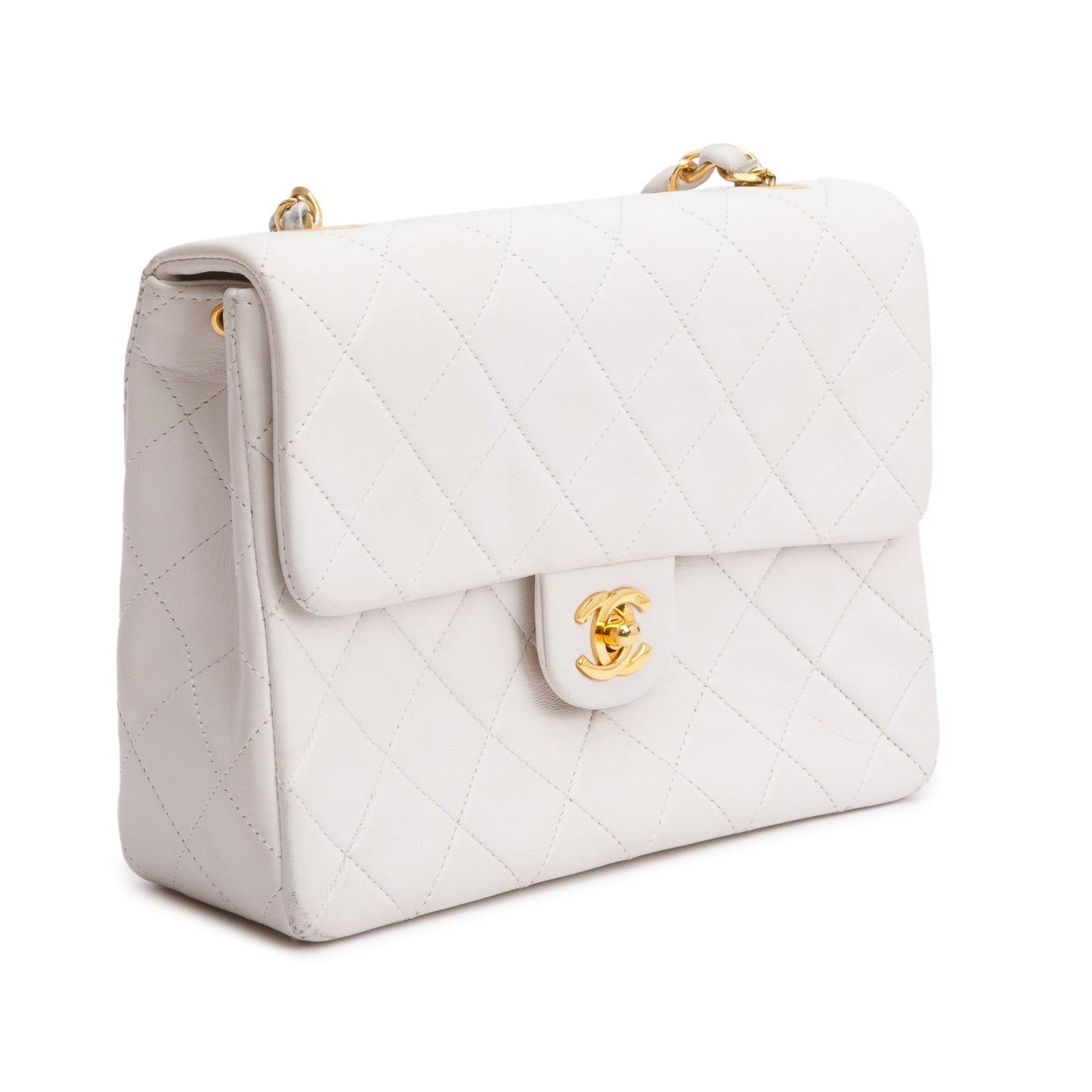 Chanel Vintage White Quilted Lambskin Leather Small Square Single Flap Bag