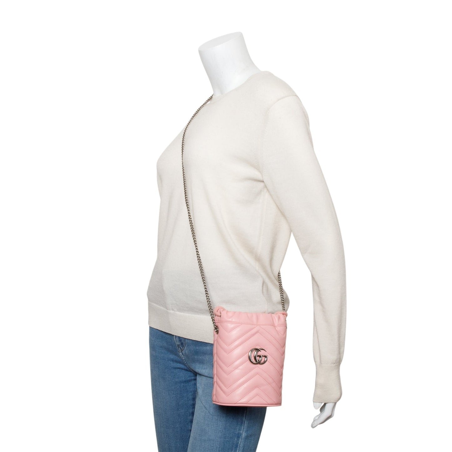 Gucci Pink Calfskin Leather GG Marmont Mini Bucket Bag