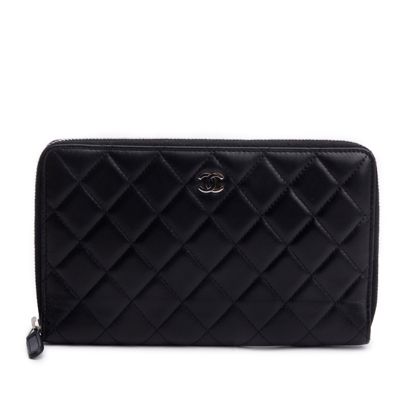 Chanel Black Lambskin Leather Large Zip Around Organizer Wallet