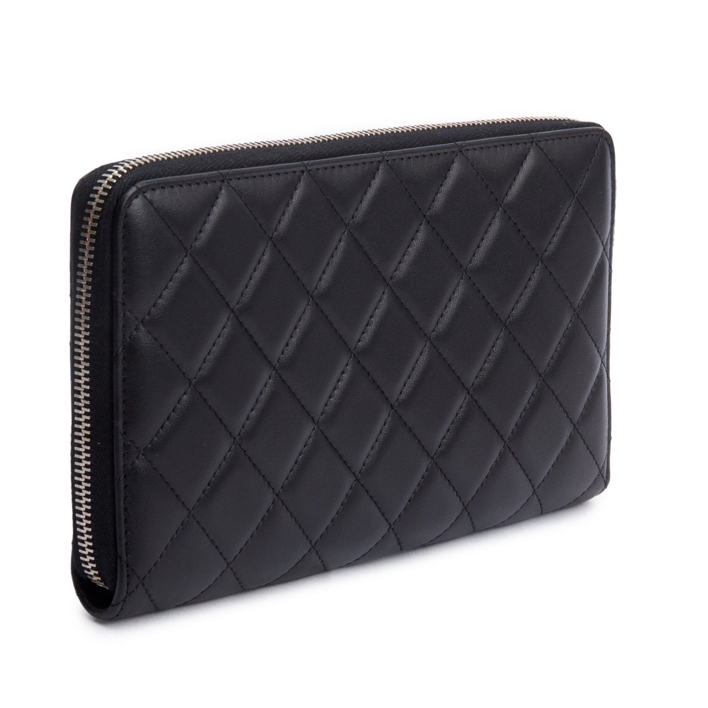 Chanel Black Lambskin Leather Large Zip Around Organizer Wallet